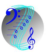 logo: sphere, treble clef, bass clef, notes